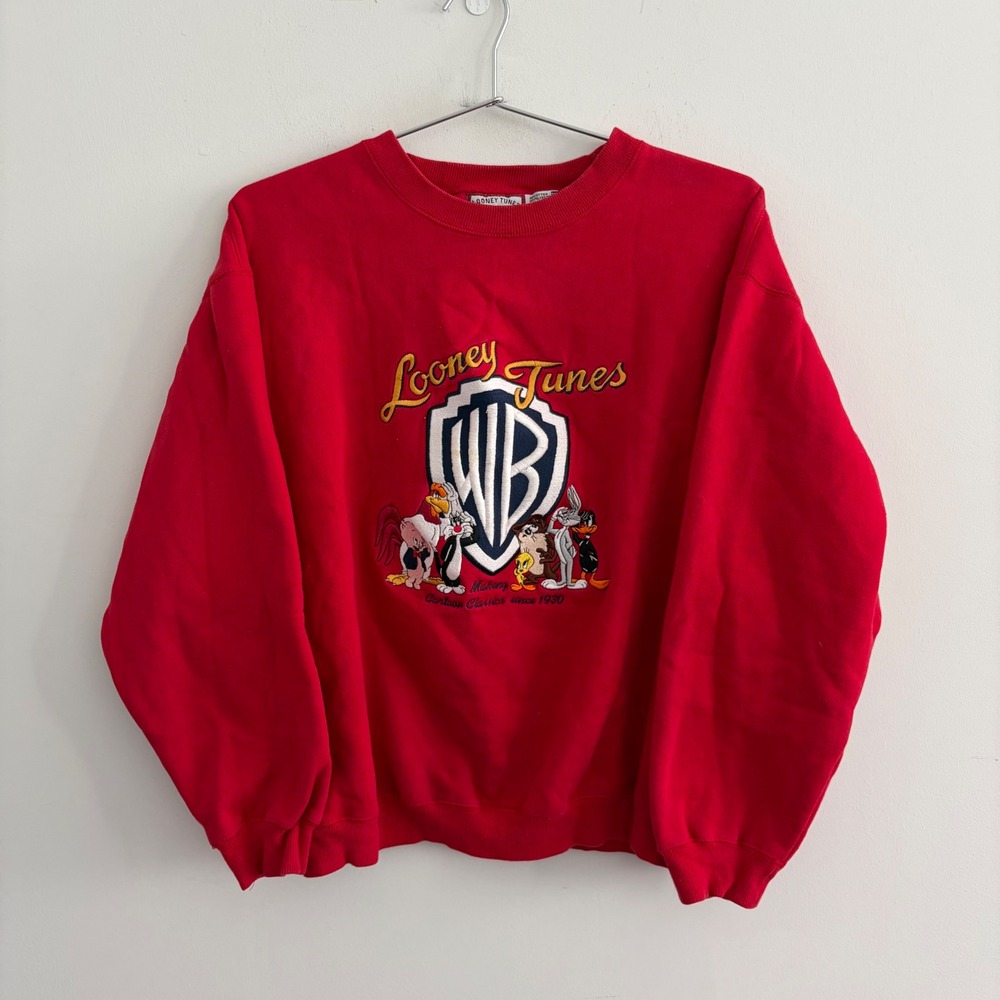 Vintage Looney Tunes Warner Bros Embroidered Red Sweatshirt Mens Medium